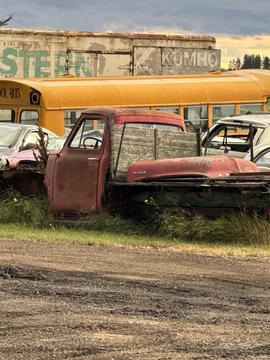 Abandoned Trucks and Buses in Scrap Metal Yard